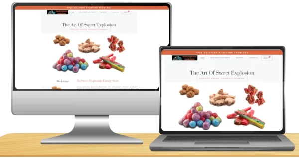 Mockup Of The Website Sweetexplosioncandystore.com On A Laptop And Desktop